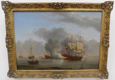 Peter Monamy (1685-1749). Man of War entering Portsmouth harbour, oil on board, attributed and titled on mount, 32cm x 45cm. Label verso The Parker Gallery London. - 2