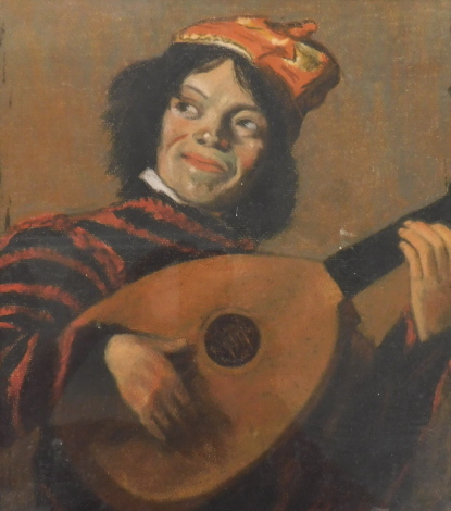 19thC/20thC. Jester playing the mandolin, pastel, 35cm x 30.5cm.