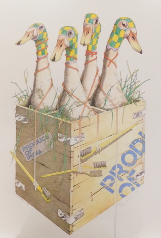 Simon. Four geese in a box, artist signed coloured print, 190/250, 60cm x 44.5cm.