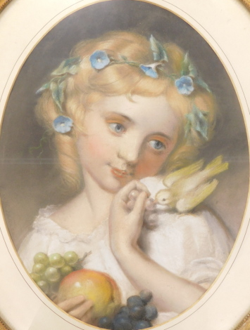 19thC School. Young girl with fruits and bird, pastel, 43cm x 32cm. Label verso Russell High of Notting Hill.