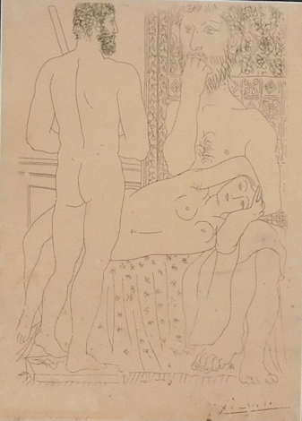 After Pablo Picasso (1881-1973). Reclining nude and two standing male figures, monochrome print, facsimile signature, 29.5cm x 21cm.