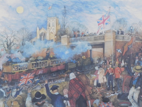 Colin Carr (1929-2002). 150 years of the railways Grimsby (1848-1998), artist signed limited edition coloured print, 4/10, 34cm x 43cm.