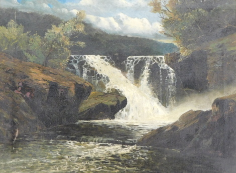 19thC British School. Waterfall, oil on canvas, indistinctly signed and dated (18)85, 34cm x 45cm.