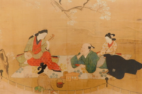 Oriental School. Three figures, coloured print, 41cm x 58cm.