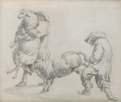 Carl Duncker (1808-1868). Pencil sketch after Johan Heinrich Roos, country scene, 23cm x 19cm, framed.