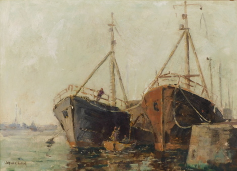 Wilfred C. Sutton (1917-2012). Long shore boat and trawlers, oil on board, signed, titled verso and dated July 1966, 43cm x 59cm.