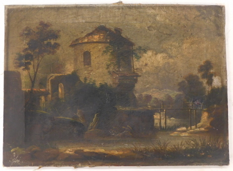 19thC School. River landscape with building and bridge, oil on canvas, 29.5cm x 41cm.