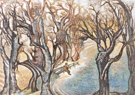 J.M.S. (20thC). Figures on a bench, pastel drawing, initialled, 35cm x 49cm.