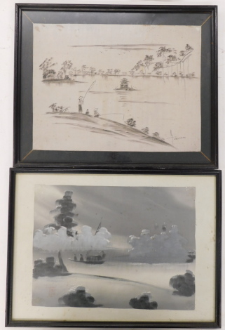 Oriental School. Fishing figures, drawing, indistinctly signed, 31cm x 41cm and another (2).