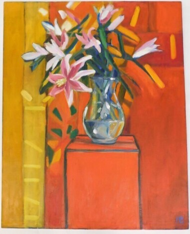 Phil Bowman (b.1954). Lilies, oil on canvas, initialled, signed and titled verso, 100cm x 80cm. Label verso Gallery at St. Martin's Lincoln.