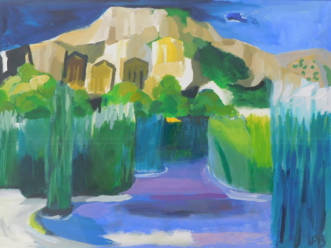 Phil Bowman (b.1954). Rock Tombs, oil on paper, initialled, signed and titled verso, 45cm x 61cm.