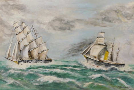 Reg Johnson (20thC). Masted ship and steamer at sea, oil on canvas, signed and dated (19)85, 50cm x 75cm.