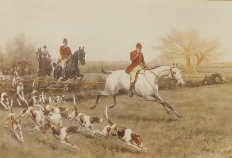 Thomas Blinks (1860-1912). Hunting scene, overpainted photogravure dated (18)93, 16cm x 25cm.