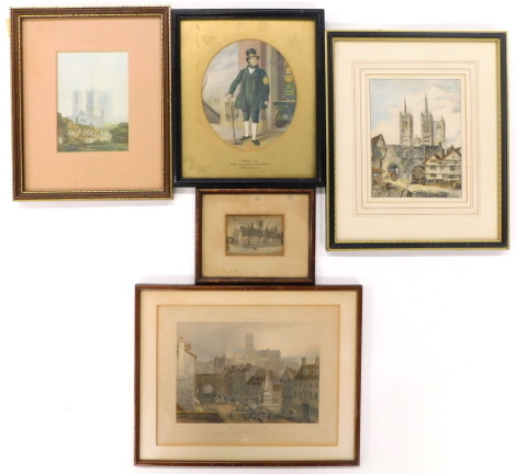 Five framed and mounted prints. The Old Dolphin Inn Lincoln, Fireman 1832, View of the City of Lincoln from the south and others.