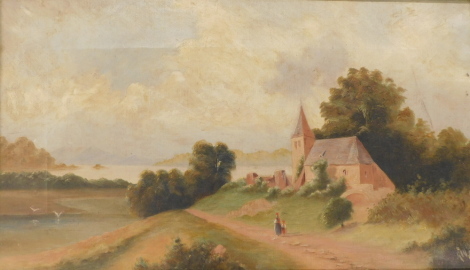 A.W.R. (19thC/20thC). Landscape with chapel and figures, oil on canvas, initialled, 29cm x 50cm.