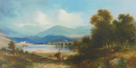 William Guy Wall (1792-c.1864). Mountain landscape with figures and cattle at waters edge, oil on canvas, signed, 29cm x 54.5cm.