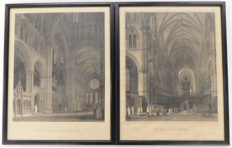 After C. Wild. Two monochrome prints, The West Transept of Lincoln Cathedral, The Choir of Lincoln Cathedral, 36.5cm x 28cm.