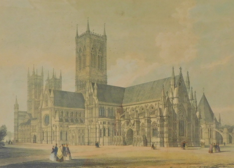 After J.K. Colling. South East view of Lincoln Cathedral, coloured print - James Drury Publisher Lincoln, 35.5cm x 46cm.