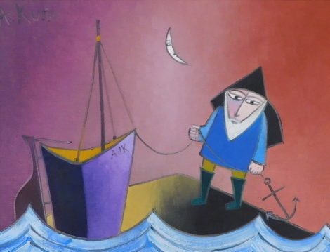 Andrzej Kuhn (1929-2014). Aux ship with sailor, oil on canvas, signed, 38.5cm x 49cm with a signed postcard from the artist.