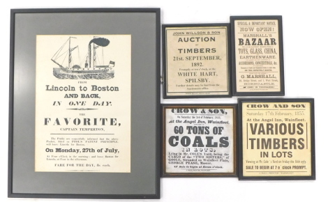 19thC and later Auction and steam trip posters. From Lincoln to Boston, John Wilson and Sons Auction of Timbers, Crow and Son, G MArshall Horncastle (5).