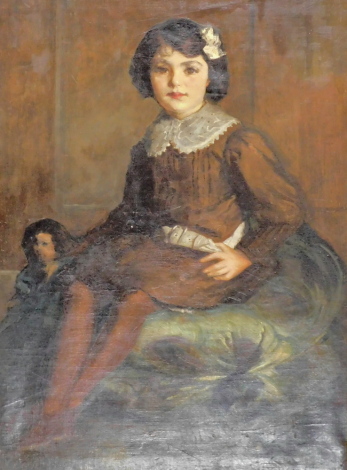 19thC British School. Portrait of a young girl seated with a doll, oil on canvas, 101cm x 74.5cm.