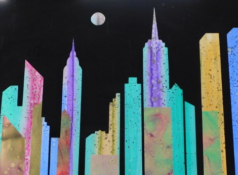 Andres. New York skyline, mixed media, signed, 77cm x 102cm.