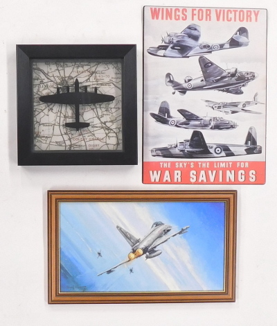 After Michael Rondot. Fighter planes, coloured print, 14.5cm x 26cm and two others Coleby Grange, War Savings (3).