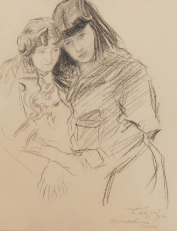 Woodhouse Eaves (19thC). Study of sisters, drawing, signed and dated (18)94, 18cm x 15cm. Label verso Francis Iles Galleries Rochester.