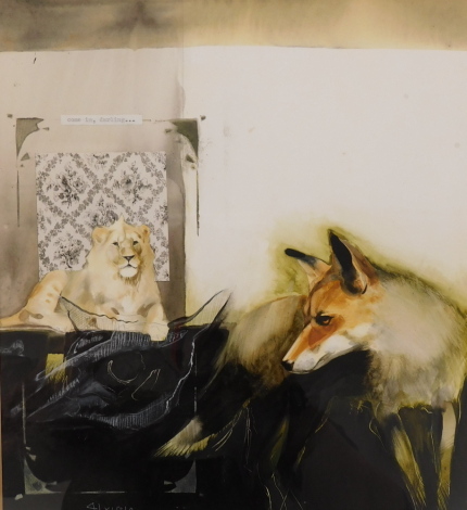 Piera Luisolo (b.1973). Old Lion and Fox, mixed media, signed and titled verso, 33cm x 30cm. Label verso Francis Iles Fine Paintings Rochester.