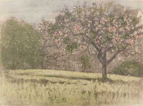 Michael Blaker (1928-?). The old orchard, artist signed coloured etching, 3/175, 30cm x 39cm. Label verso Francis Iles Rochester.