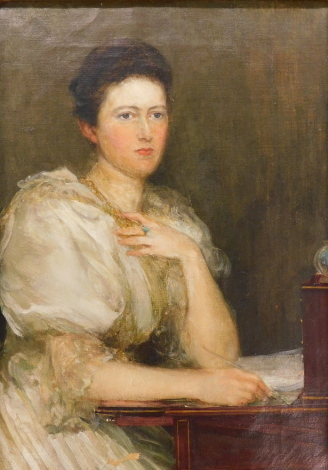 T.B.W. Study of a lady at writing table, oil on canvas, signed, 34.5cm x 24cm.