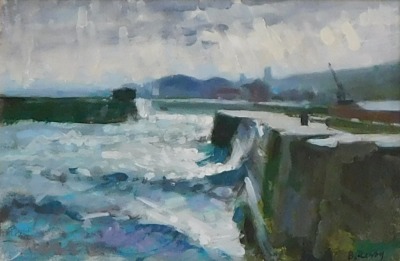 Brian Roxby (b.1934). Seaham Harbour, oil on board, signed and titled verso, 19cm x 29cm.