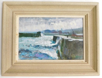 Brian Roxby (b.1934). Seaham Harbour, oil on board, signed and titled verso, 19cm x 29cm. - 2