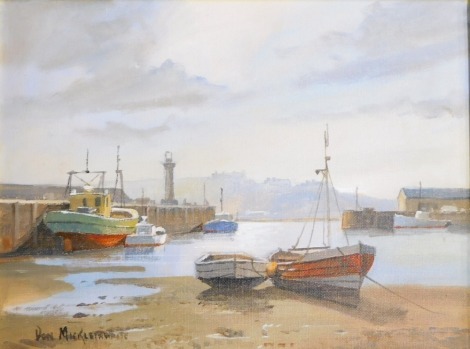 Don Micklethwaite (b.1936). Harbour scene with fishing boats, oil on canvas, signed, 22cm x 29cm.