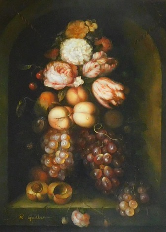 R. Gardner? (20thC). Fruit and flowers still life, oil on panel, signed, 40cm x 30cm with valuation of insurance certificate dated February 1992 (£1,975).