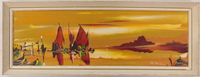 George Richard Deakins (1911-1982). Sailing Boats, impasto oil on board, signed, label verso, 14cm x 45cm. - 2