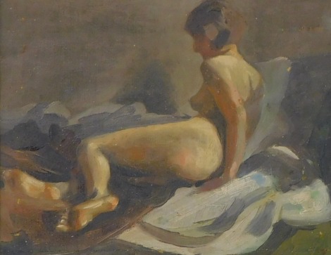 Henry Rayner (1902-1957). Theresa - Reclining Nude c.1925, oil on canvas, 18.5cm x 24cm.