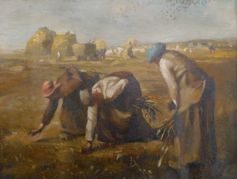 Henry Rayner (1902-1957). Gleaners (after Millet), oil on canvas, 16cm s 21cm.