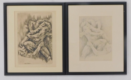 Henry Rayner (1902-1957). Wresters, pencil, signed, 20cm x 14cm and a signed dry point etching (2).