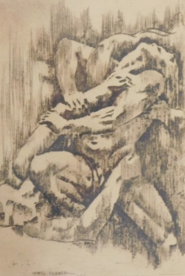 Henry Rayner (1902-1957). Wresters, pencil, signed, 20cm x 14cm and a signed dry point etching (2). - 2