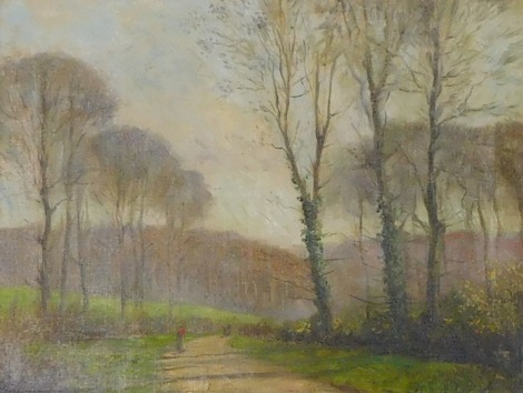 19thC British School. Figure on a path, woodland scene, oil on canvas, 30cm x 40cm. Label verso Francis Iles Fine Paintings Rochester.