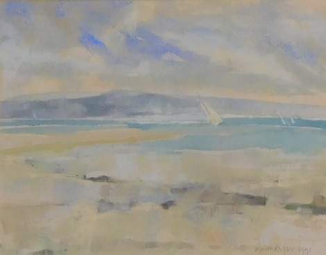 Keith Roper (b.1946). Solent I with warships, pastel over gouache, signed, dated 1991 and titled verso, 23.5cm x 30cm.