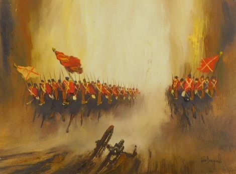 John Bampfield (b.1947). Cavalry Charge, oil on canvas, signed, 29.5cm x 39.5cm. Stamped verso Hibbert Bros Sheffield.