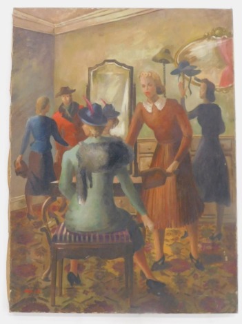 Joyce Beer RA (1915-2006). Hat shop, oil on canvas, signed and dated 1938, 76cm x 56cm.