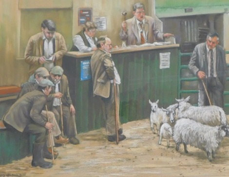 David Newbould (b.1938). Sheep Auctions Hawes, pastel, signed, titled and dated 2003 verso, 45cm x 89.5cm. Artist label verso.