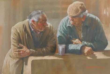 David Newbould (b.1938). Life is half over before we know what is is?, Farmers before the auction, Malton sheep sales, pastel, signed, titled and dated 2003 verso, 35cm x 51cm. Artist label verso.