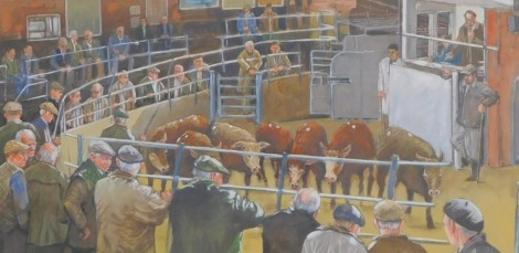 David Newbould (b.1938). Malton Cattle auctions, pastel, signed, titled and dated 2004 verso, 32cm x 64cm. Label verso Talents Fine Arts.