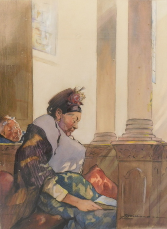 F.H. Warren (19thC/20thC). In chapel, watercolour, signed, 53cm x 39cm.