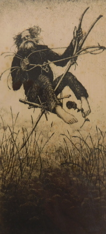 Russian School. Old man collecting flowers, etching, indistinctly signed and stamped, 15cm x 8cm.