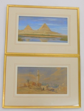 F.D. (19thC). Egyptian Desert Scenes, watercolour with highlight - pair, initialled, 22cm x 41cm (2).